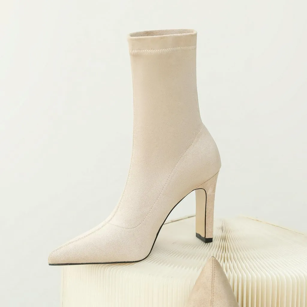 DINTAHA Stretch Faux Suede Ankle Boots Chunky Heel Pointed Toe Booties Fall Boots Women