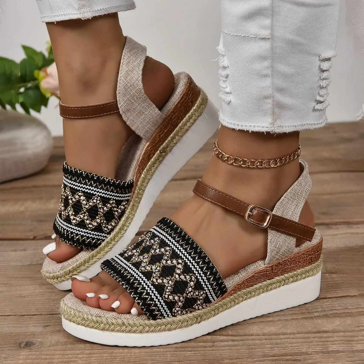 Espadrille Dressy Wedge Sandals Summer Comfortable Open Toe Slingback Slip On Sandals Fashion Ankle Strap Metal Buckle Walking Shoes for All Occasions: Casual, Work, Party