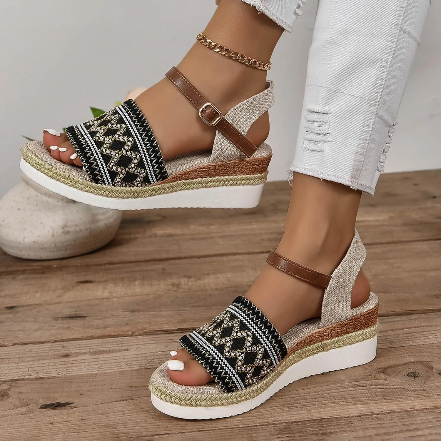 Espadrille Dressy Wedge Sandals Summer Comfortable Open Toe Slingback Slip On Sandals Fashion Ankle Strap Metal Buckle Walking Shoes for All Occasions: Casual, Work, Party