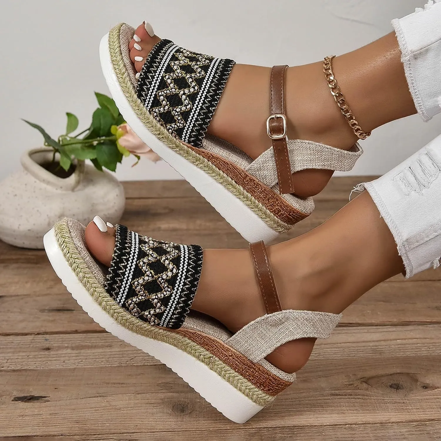 Espadrille Dressy Wedge Sandals Summer Comfortable Open Toe Slingback Slip On Sandals Fashion Ankle Strap Metal Buckle Walking Shoes for All Occasions: Casual, Work, Party