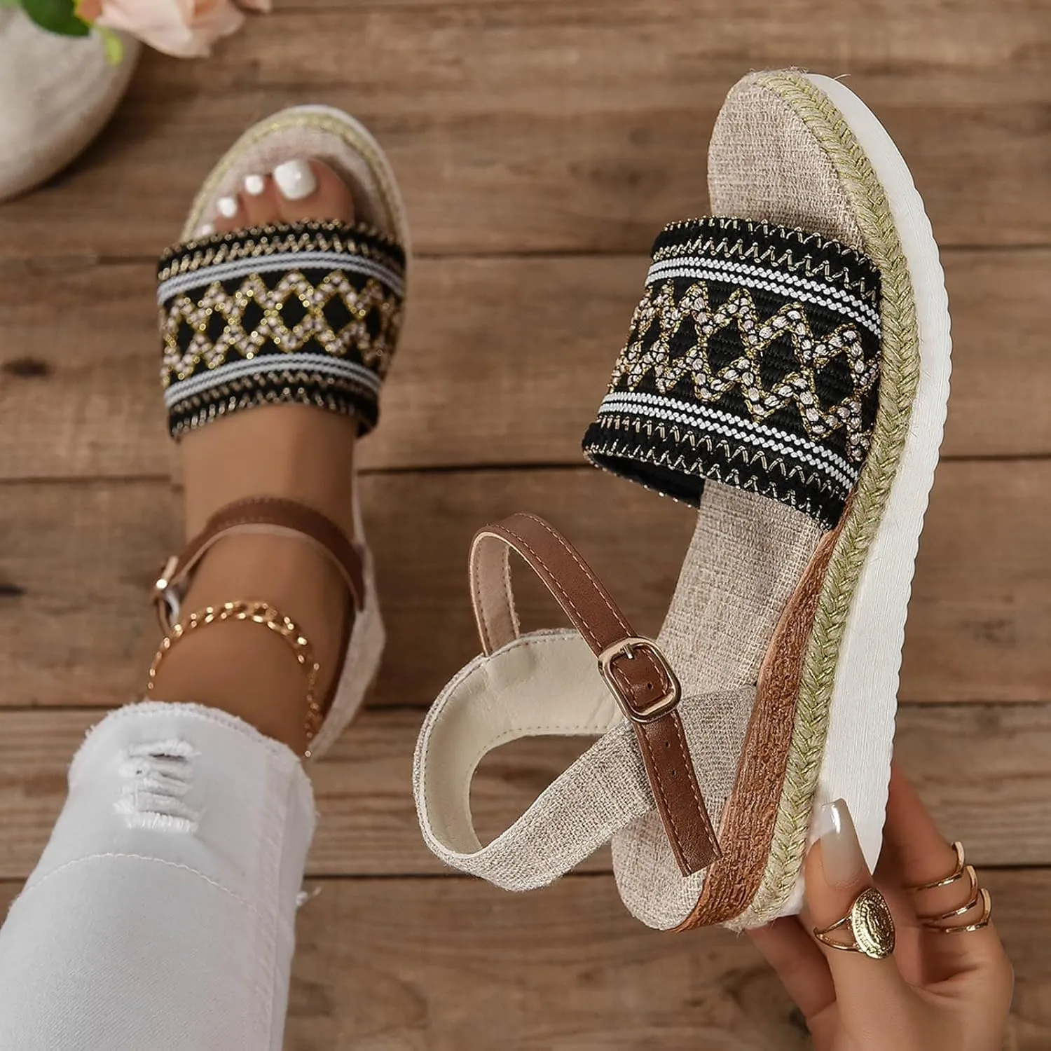 Espadrille Dressy Wedge Sandals Summer Comfortable Open Toe Slingback Slip On Sandals Fashion Ankle Strap Metal Buckle Walking Shoes for All Occasions: Casual, Work, Party
