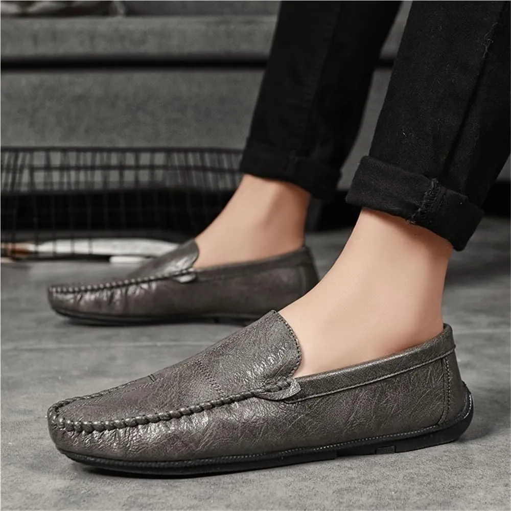 Fashion Men Loafers Shoes Pu Leather Driving Loafers Solid Color Round Toe Slip On