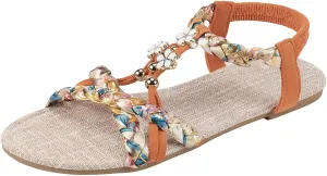 Flat Sandals for Women Comfy Open Toe Elastic Strappy Sandals T-Strap Flower Rhinestones Sparkly Sandal Boho Floral Print Braided Lightweight Shoes Summer Beach Vacation Footwear