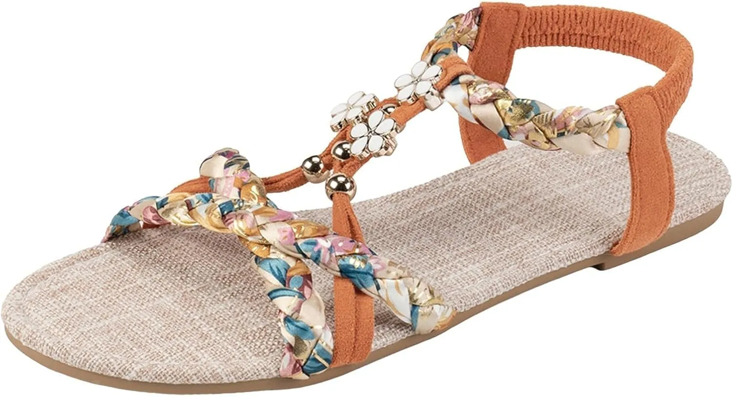 Flat Sandals for Women Comfy Open Toe Elastic Strappy Sandals T-Strap Flower Rhinestones Sparkly Sandal Boho Floral Print Braided Lightweight Shoes Summer Beach Vacation Footwear