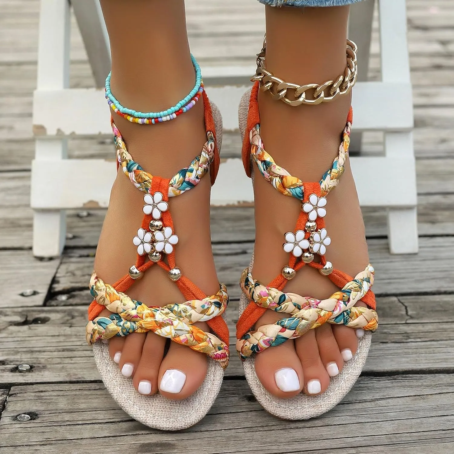 Flat Sandals for Women Comfy Open Toe Elastic Strappy Sandals T-Strap Flower Rhinestones Sparkly Sandal Boho Floral Print Braided Lightweight Shoes Summer Beach Vacation Footwear