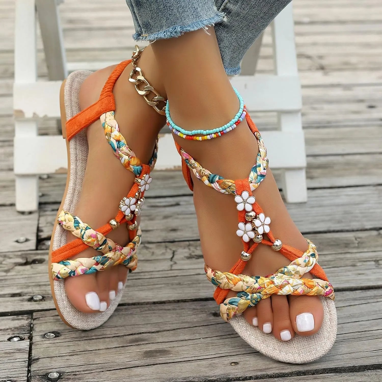Flat Sandals for Women Comfy Open Toe Elastic Strappy Sandals T-Strap Flower Rhinestones Sparkly Sandal Boho Floral Print Braided Lightweight Shoes Summer Beach Vacation Footwear