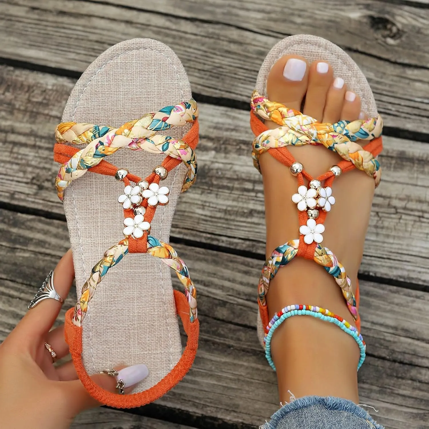 Flat Sandals for Women Comfy Open Toe Elastic Strappy Sandals T-Strap Flower Rhinestones Sparkly Sandal Boho Floral Print Braided Lightweight Shoes Summer Beach Vacation Footwear