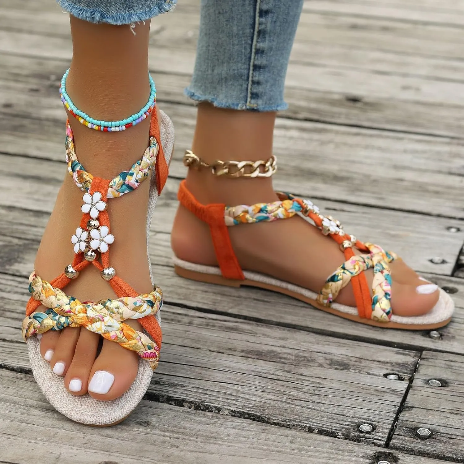 Flat Sandals for Women Comfy Open Toe Elastic Strappy Sandals T-Strap Flower Rhinestones Sparkly Sandal Boho Floral Print Braided Lightweight Shoes Summer Beach Vacation Footwear