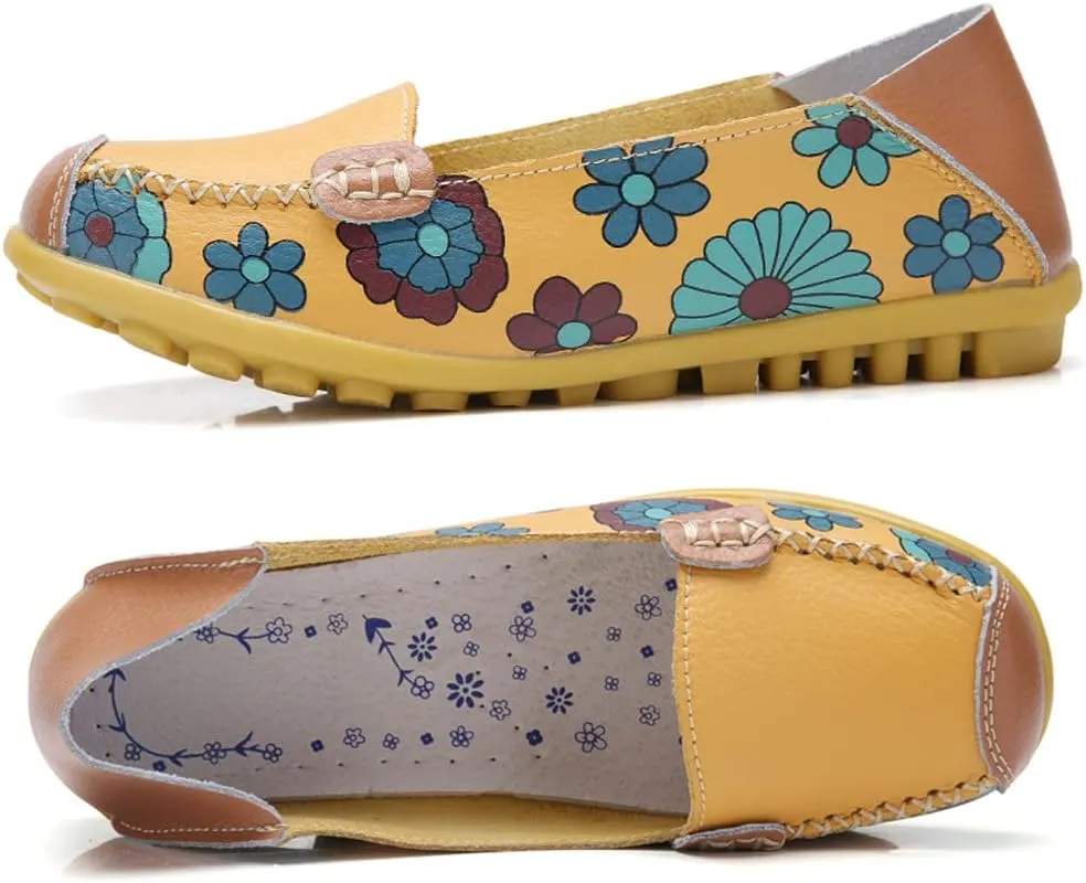 FolHaoth Leather Casual Loafers for Womens Floral Print Non Slip Leather Flat Shoes Comfortable Womens Slip on Walking Driving Shoes