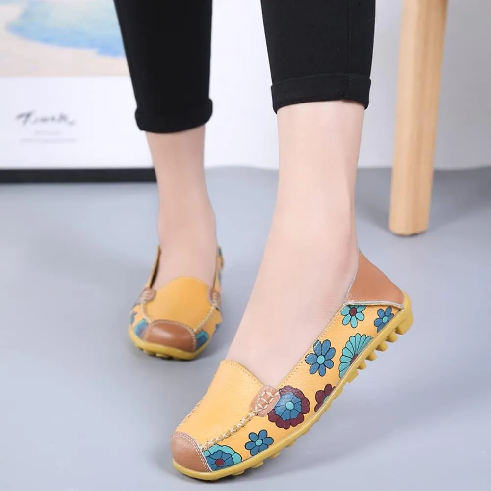 FolHaoth Leather Casual Loafers for Womens Floral Print Non Slip Leather Flat Shoes Comfortable Womens Slip on Walking Driving Shoes