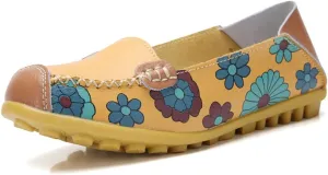 FolHaoth Leather Casual Loafers for Womens Floral Print Non Slip Leather Flat Shoes Comfortable Womens Slip on Walking Driving Shoes