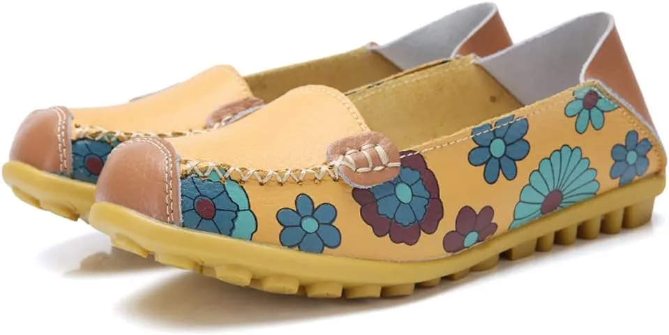 FolHaoth Leather Casual Loafers for Womens Floral Print Non Slip Leather Flat Shoes Comfortable Womens Slip on Walking Driving Shoes
