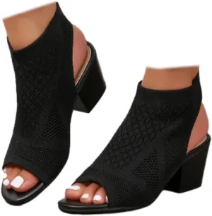 Generic Women's Knit Chunky Block High Heels Sandals Slingback Cut Out Peep Toe Chunky Stacked Heel Ankle Booties