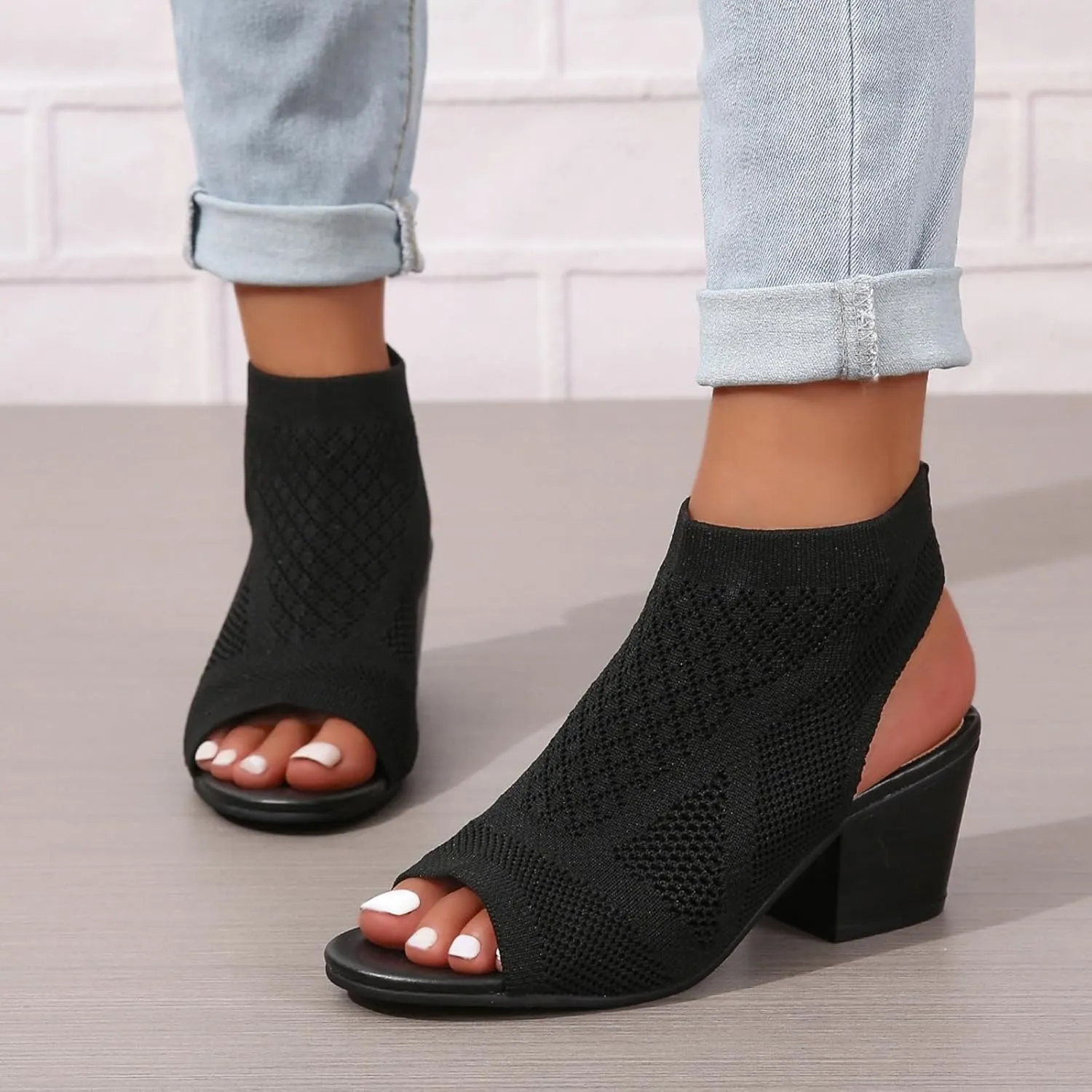 Generic Women's Knit Chunky Block High Heels Sandals Slingback Cut Out Peep Toe Chunky Stacked Heel Ankle Booties