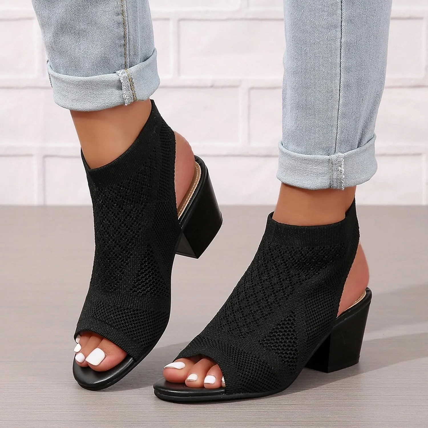 Generic Women's Knit Chunky Block High Heels Sandals Slingback Cut Out Peep Toe Chunky Stacked Heel Ankle Booties