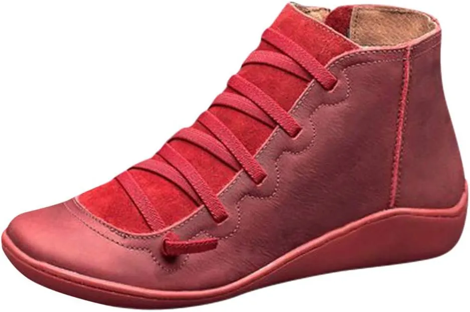 Gibobby Ankle Booties for Women Flat Heel,New Arch Support Ankle Boots Damping Shoes Lace-up Boots Side Zipper Booties