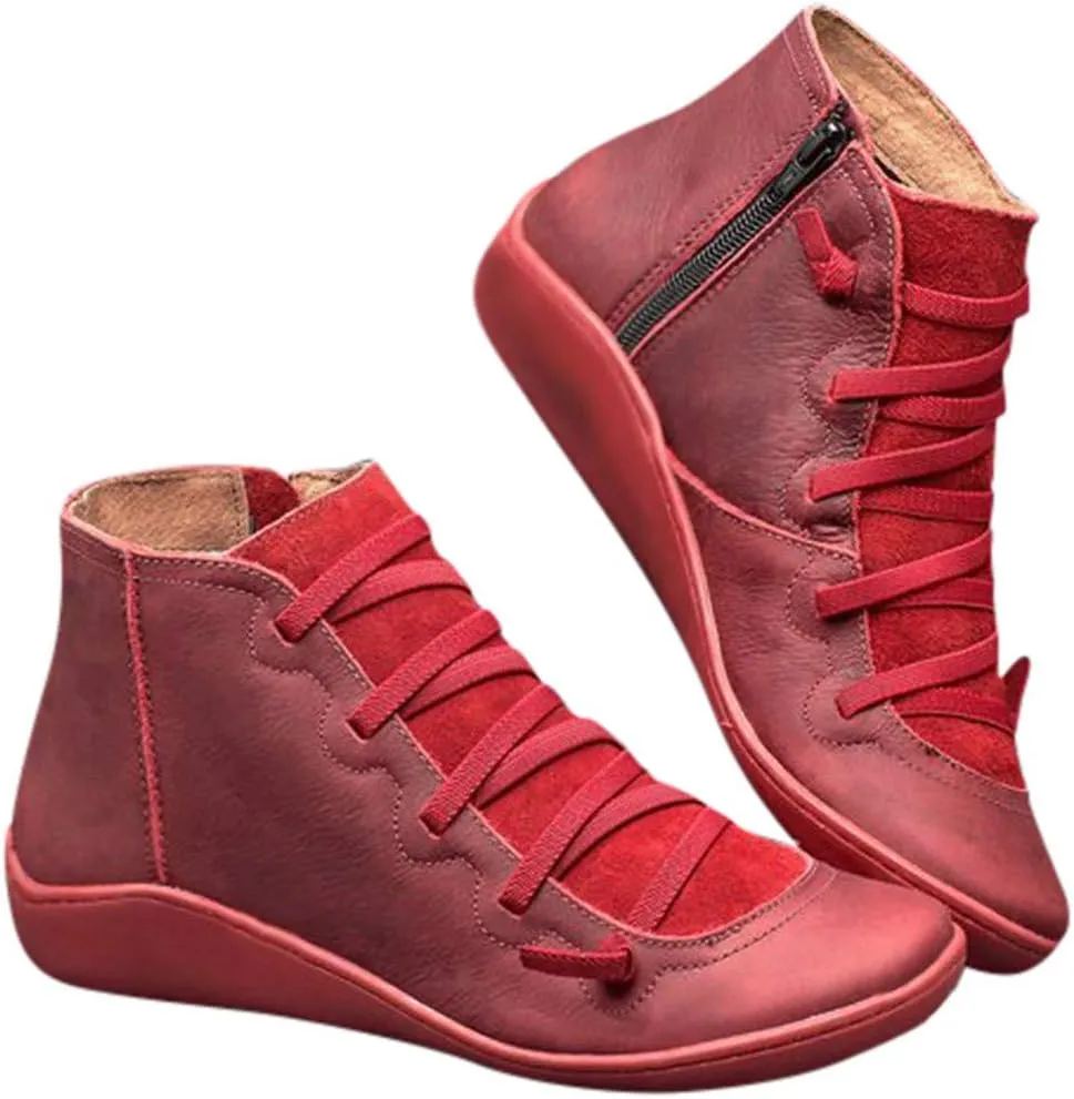 Gibobby Ankle Booties for Women Flat Heel,New Arch Support Ankle Boots Damping Shoes Lace-up Boots Side Zipper Booties