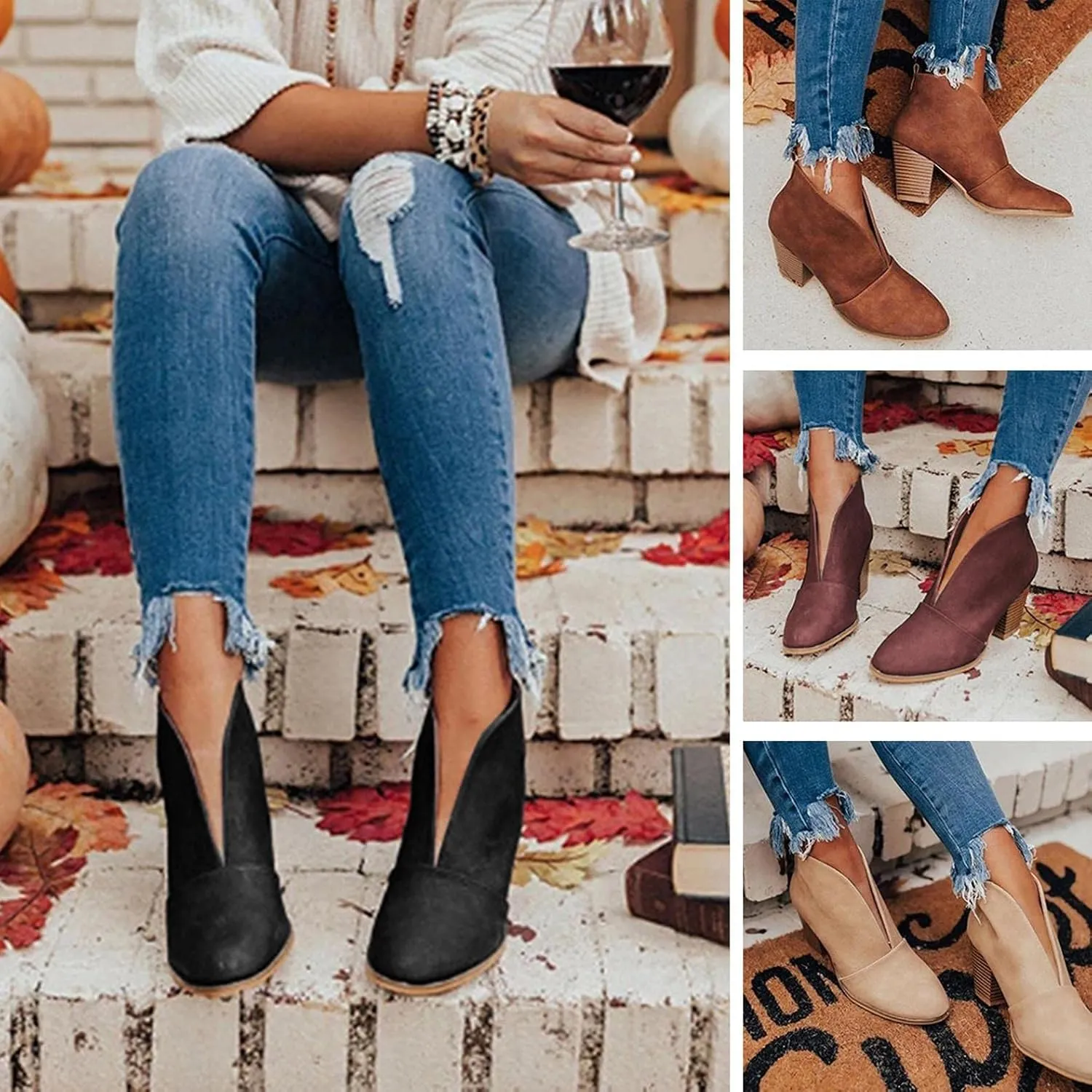 Gibobby Ankle Booties for Women Low Heel,Womens Ankle Boots Pointed Toe Faux Stacked Chunky Heels Tassels Side Zipper Booties