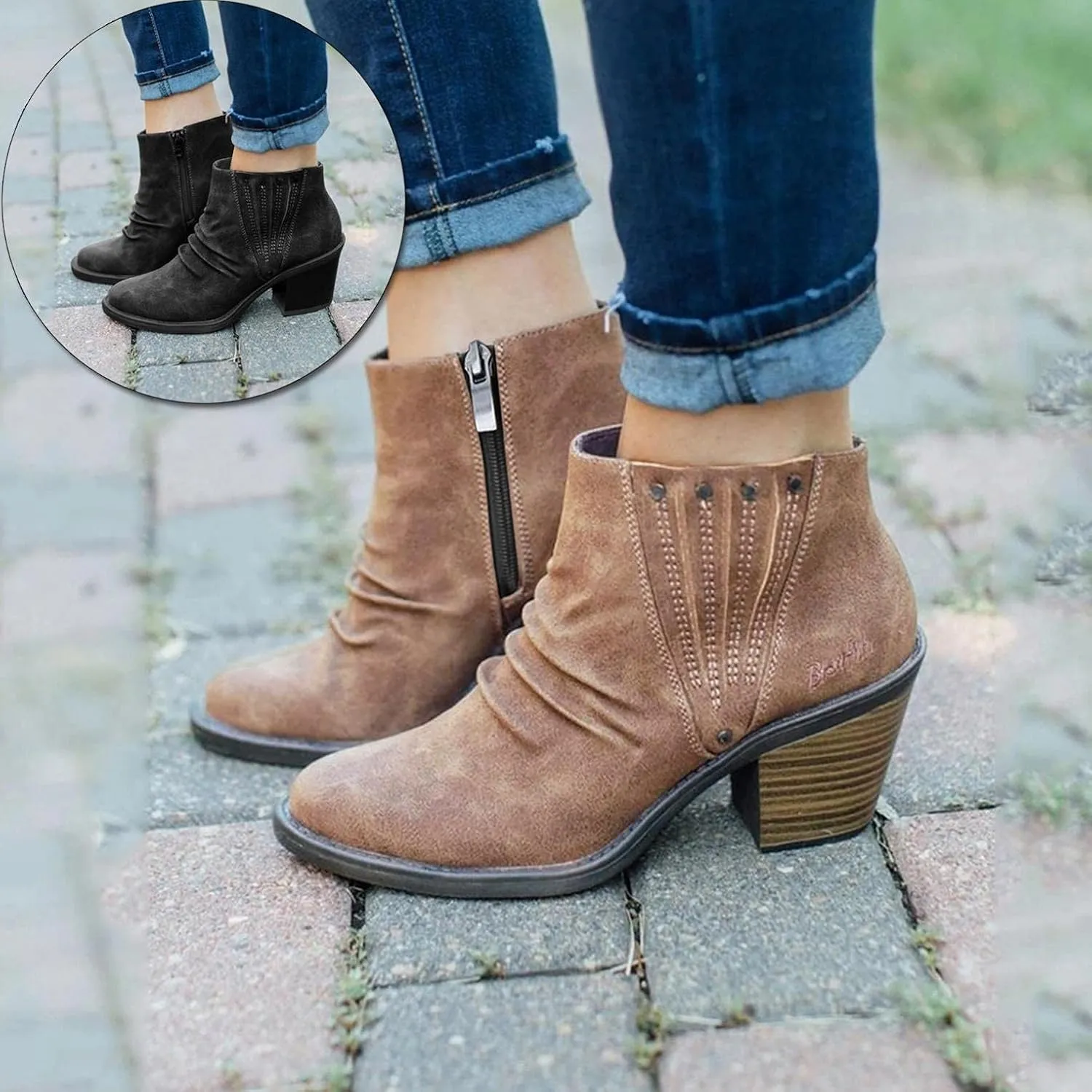 Gibobby Ankle Booties for Women V Cut,Chelsea Boots Slip on Ankle Boots Chunky Pointed Toe Cutout Low Heel Shoes