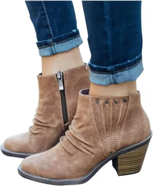 Gibobby Ankle Booties for Women V Cut,Chelsea Boots Slip on Ankle Boots Chunky Pointed Toe Cutout Low Heel Shoes