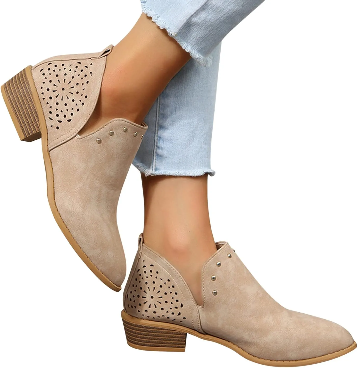 Gibobby Ankle Boots for Women Low Heel,Retro V Cutout Short Warm Boots Closed Toe Low Heel Combat Western Shoes