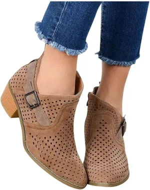Gibobby Ankle Boots for Women Low Heel,Slip-On Loafers Pointed Toe Chunky Hollow Bucket Office Casual Shoes Cutout Booties
