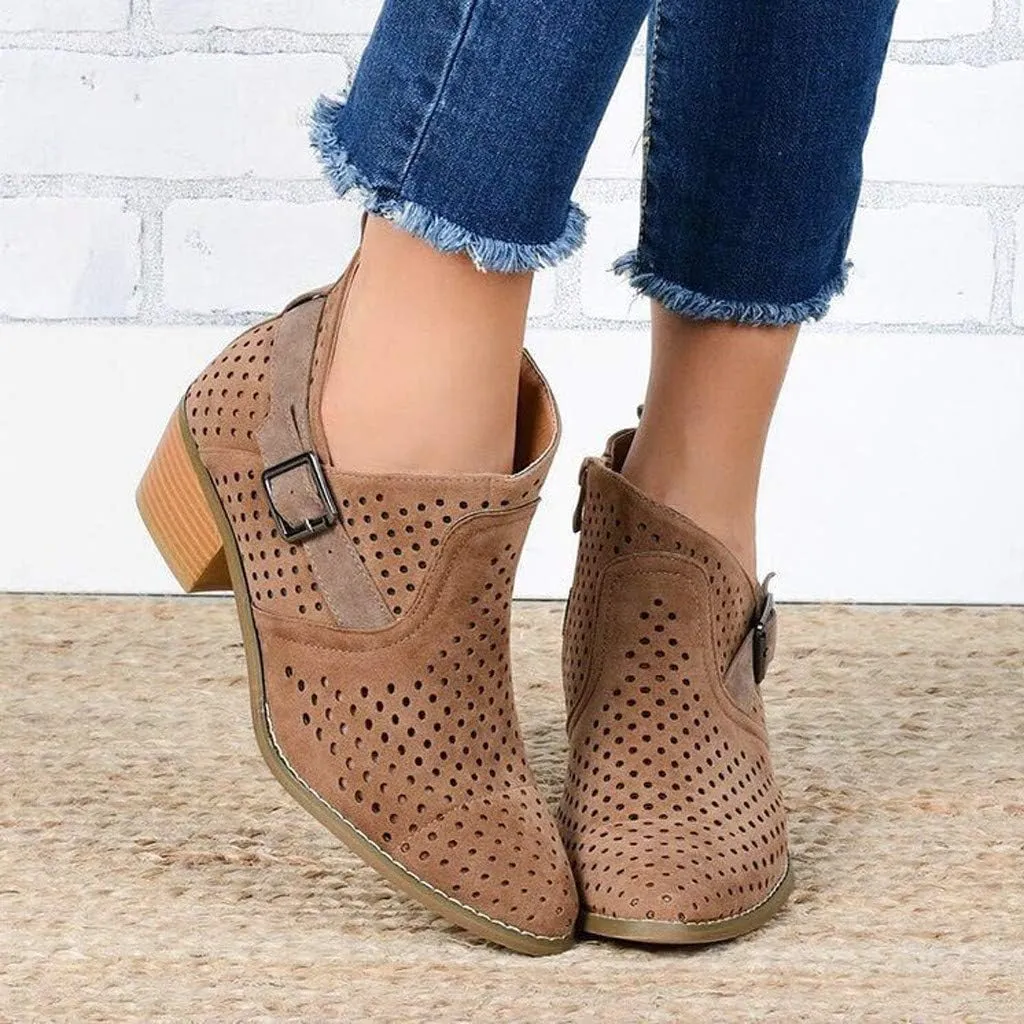 Gibobby Ankle Boots for Women Low Heel,Slip-On Loafers Pointed Toe Chunky Hollow Bucket Office Casual Shoes Cutout Booties