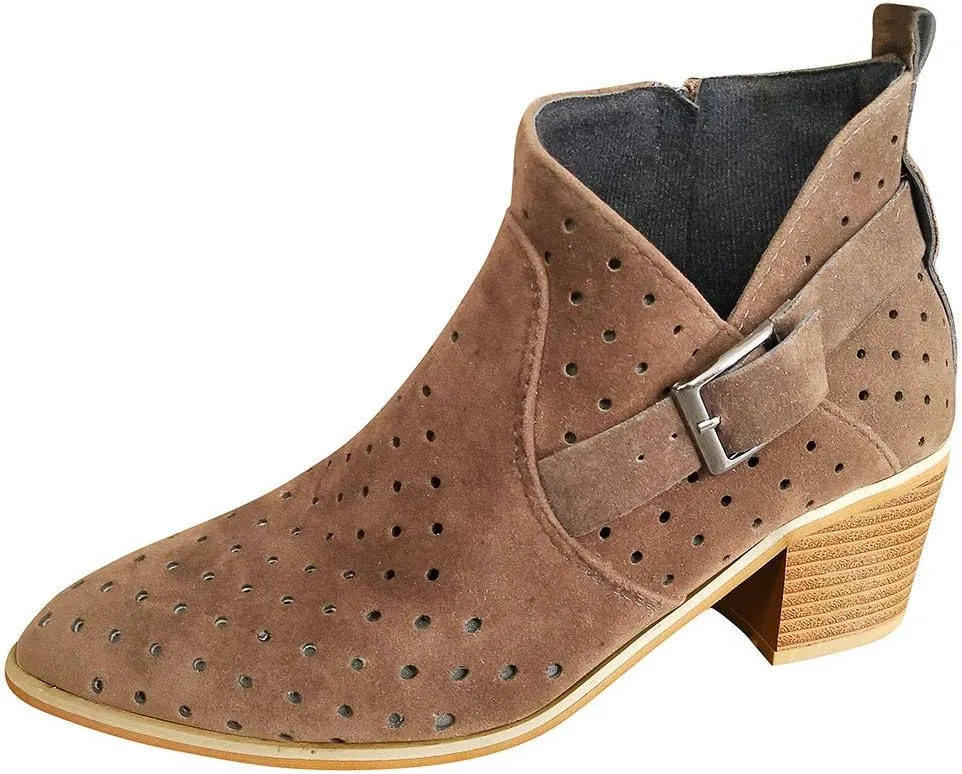 Gibobby Ankle Boots for Women Low Heel,Slip-On Loafers Pointed Toe Chunky Hollow Bucket Office Casual Shoes Cutout Booties