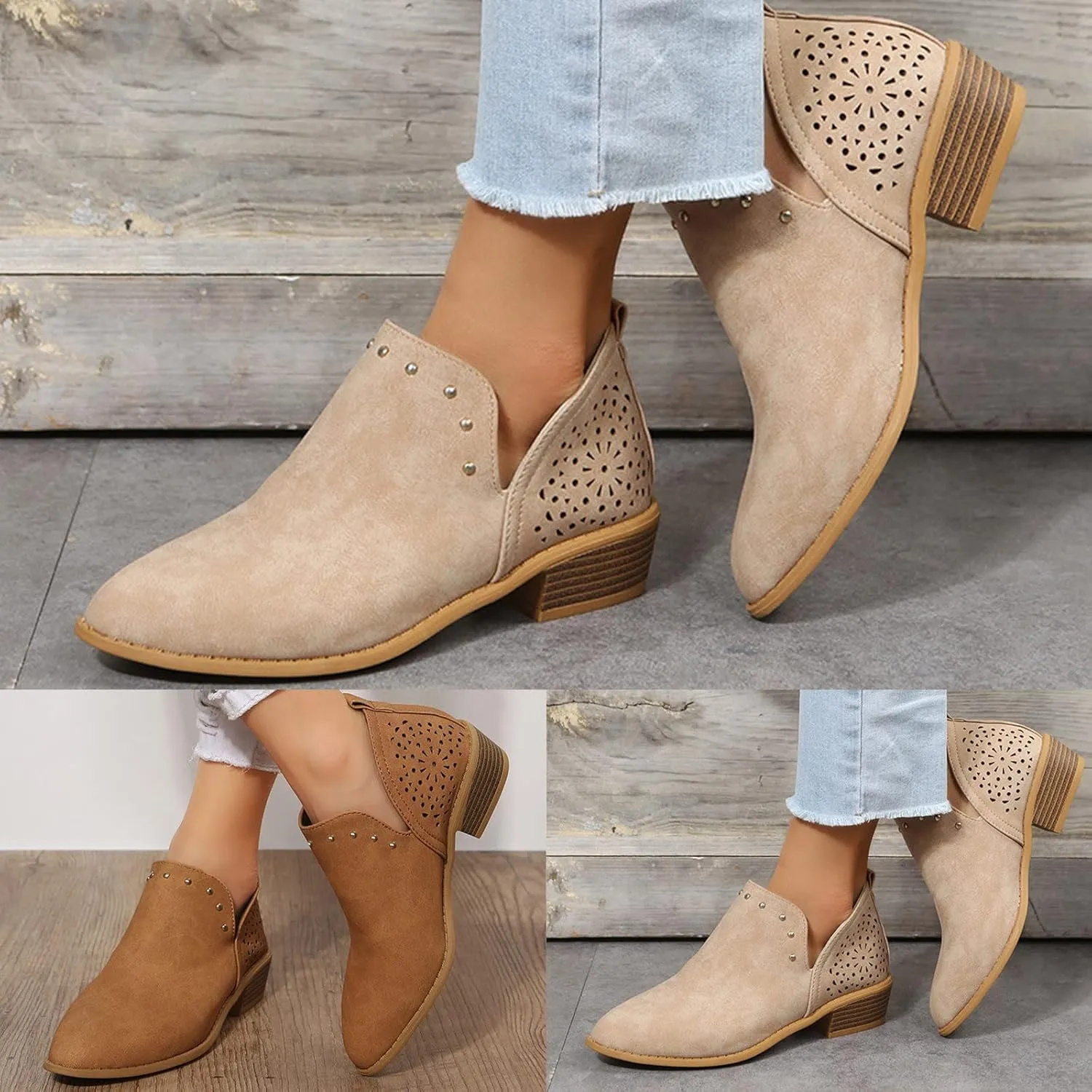 Gibobby Boots for Women Low Heel,Retro V Cutout Short Warm Boots Closed Toe Low Heel Combat Western Shoes