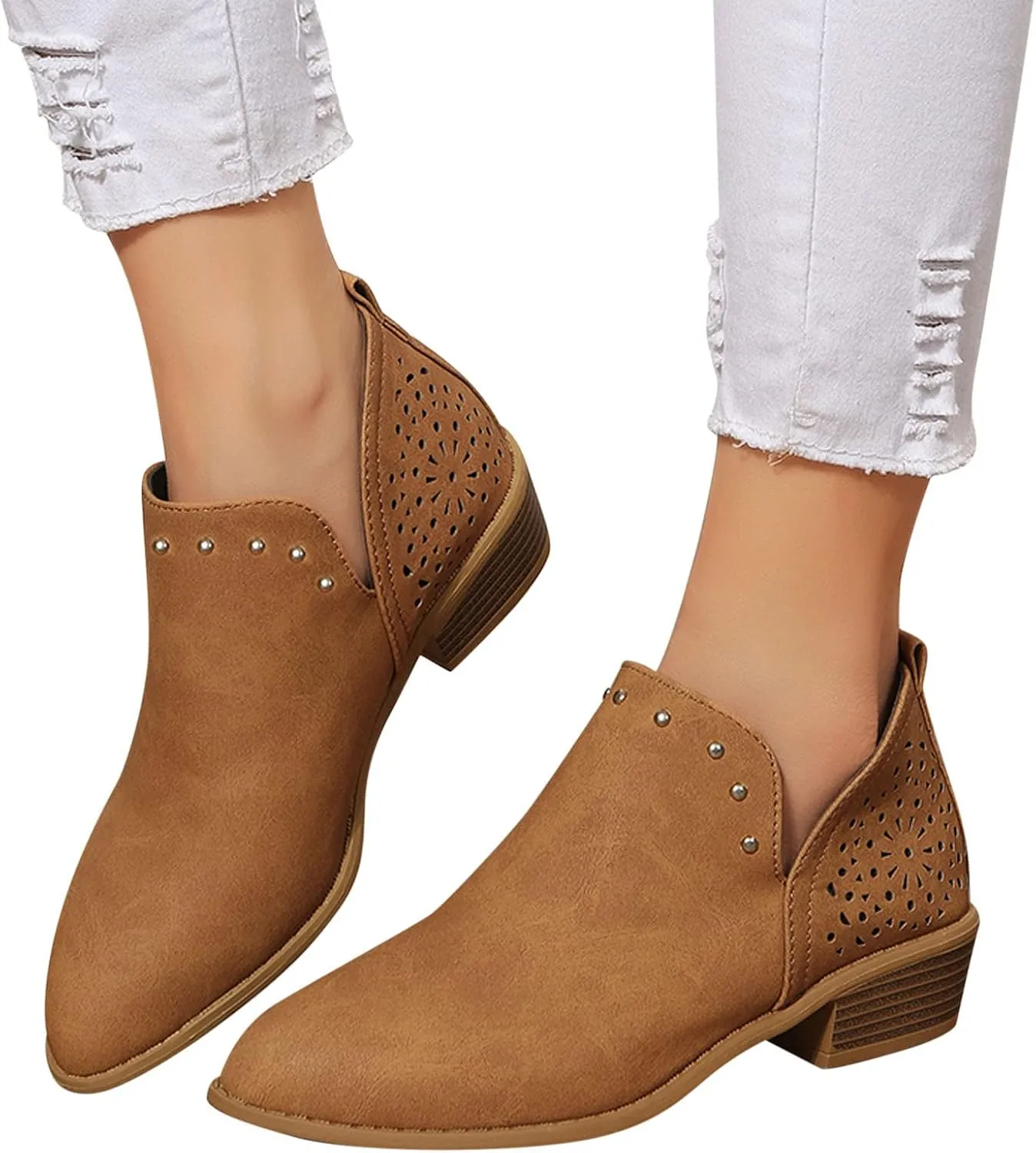 Gibobby Boots for Women Low Heel,Retro V Cutout Short Warm Boots Closed Toe Low Heel Combat Western Shoes