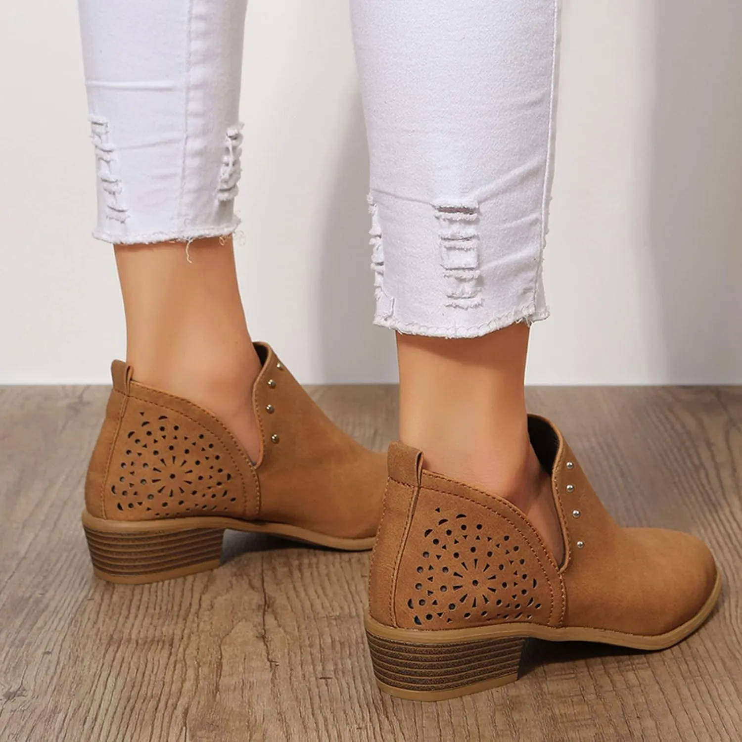 Gibobby Boots for Women Low Heel,Retro V Cutout Short Warm Boots Closed Toe Low Heel Combat Western Shoes