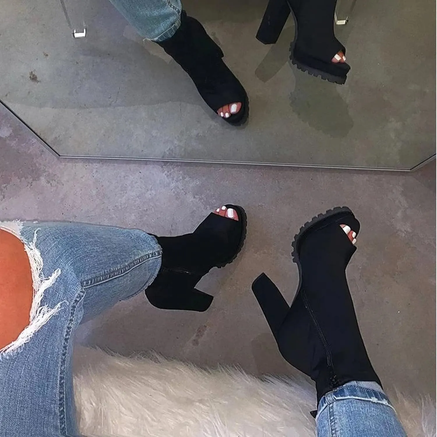 Gibobby Cowboy Boots for Women Round Toe Platform Boots Squared Heels Motorcycle Boots Lace Up Strap Party Ankle Boots 52