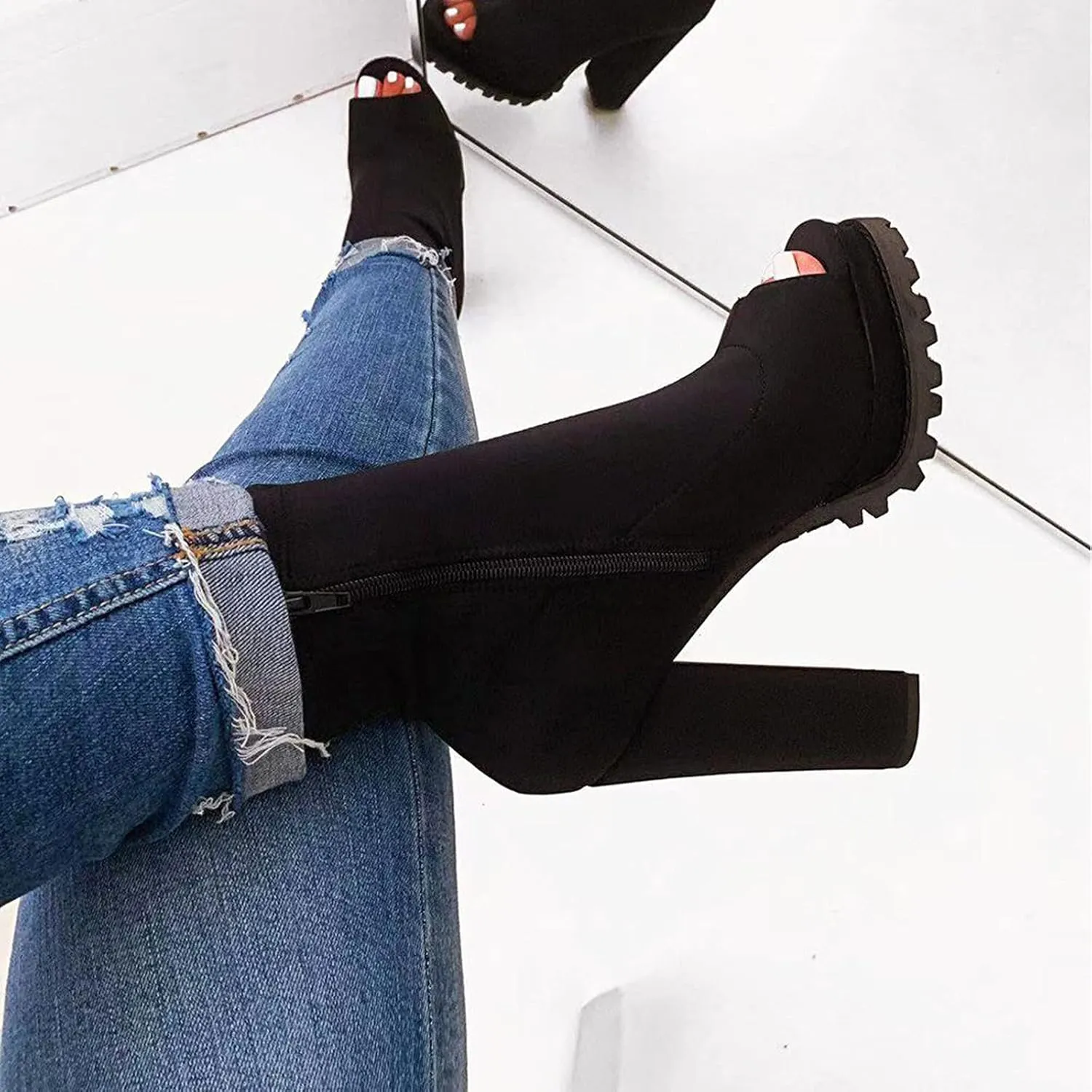 Gibobby Cowboy Boots for Women Round Toe Platform Boots Squared Heels Motorcycle Boots Lace Up Strap Party Ankle Boots 52