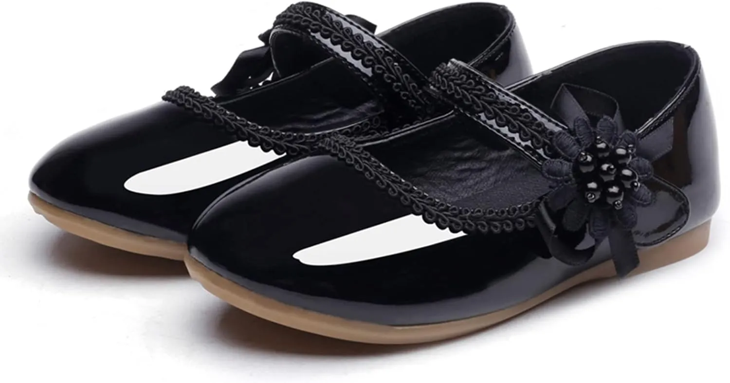 Girls Dress Shoes Mary Jane Ballet Flats Toddler Flower Girl School Party Wedding Shoes with Flower
