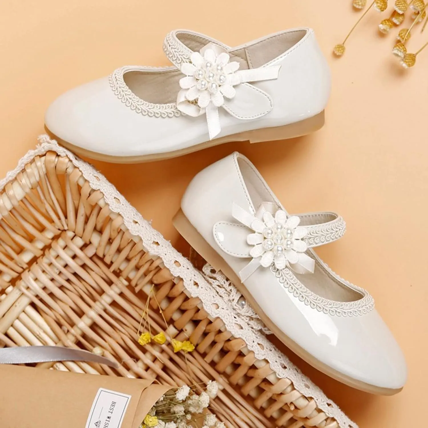 Girls Dress Shoes Mary Jane Ballet Flats Toddler Flower Girl School Party Wedding Shoes with Flower