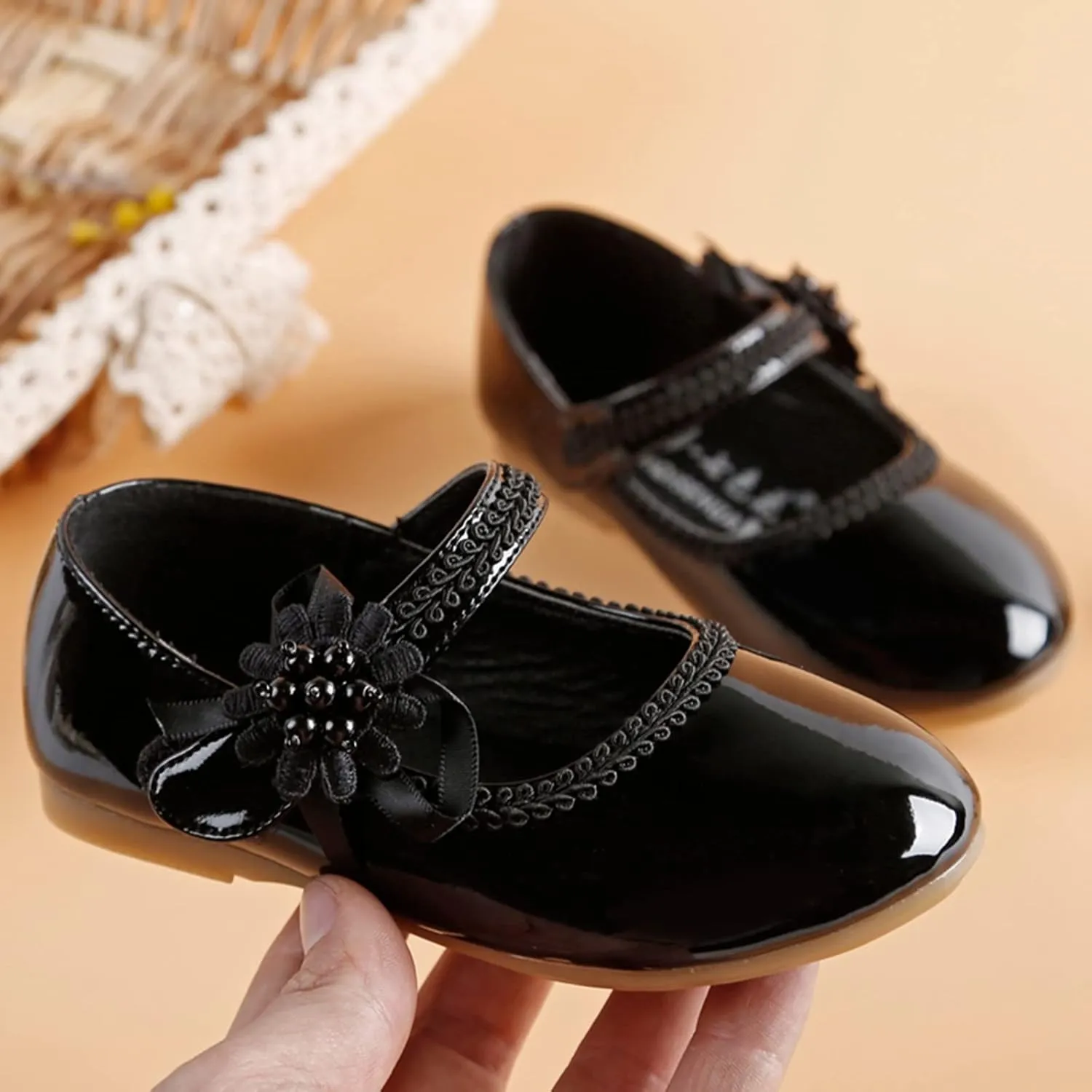 Girls Dress Shoes Mary Jane Ballet Flats Toddler Flower Girl School Party Wedding Shoes with Flower
