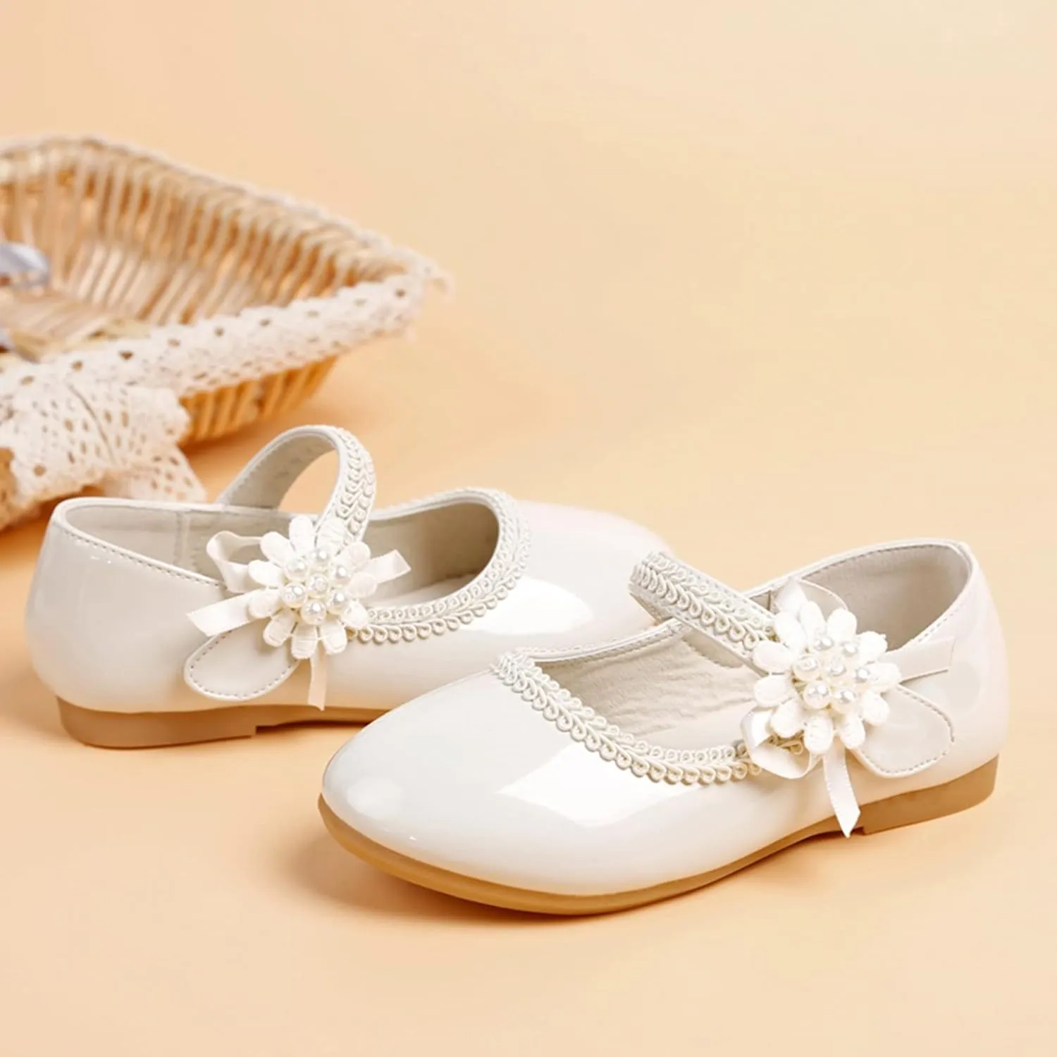 Girls Dress Shoes Mary Jane Ballet Flats Toddler Flower Girl School Party Wedding Shoes with Flower
