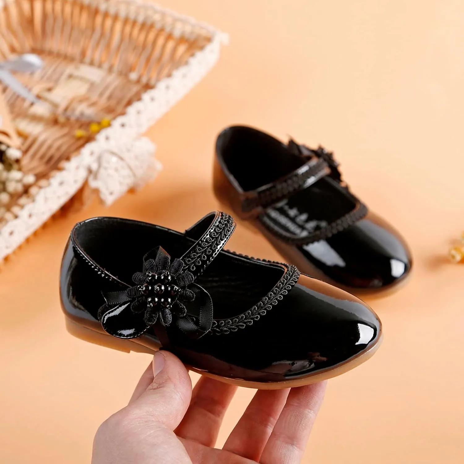 Girls Dress Shoes Mary Jane Ballet Flats Toddler Flower Girl School Party Wedding Shoes with Flower