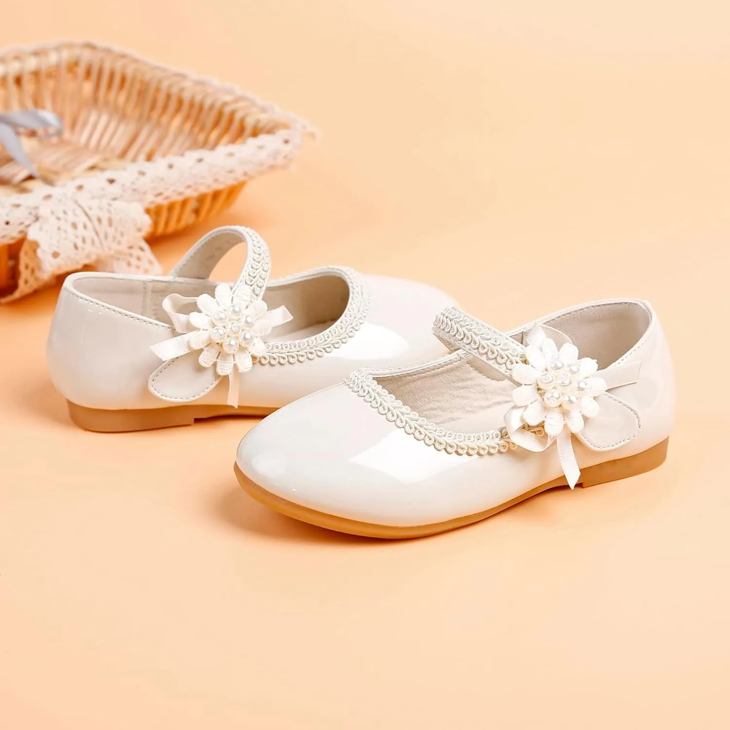 Girls Dress Shoes Mary Jane Ballet Flats Toddler Flower Girl School Party Wedding Shoes with Flower