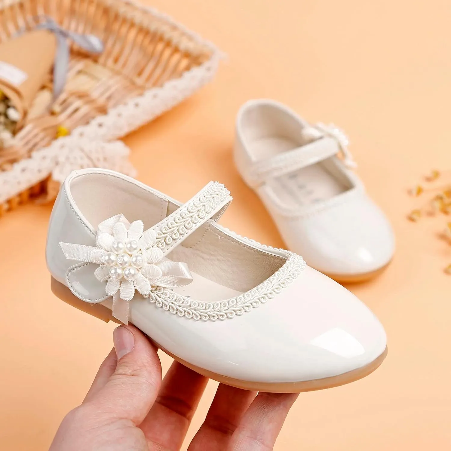 Girls Dress Shoes Mary Jane Ballet Flats Toddler Flower Girl School Party Wedding Shoes with Flower