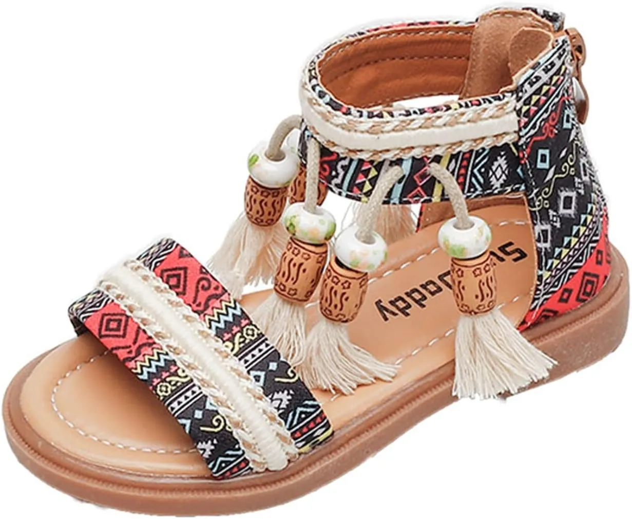 Girls Sandals Open Toe Back Zippe Flat Sandals Tassel Ankle Strap Dress Shoes Anti-Slip Round Toe Sandal For Kids