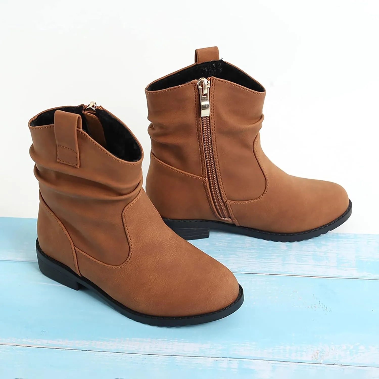 Girls Zip Side Slouchy Boots Western Boots Kids Ankle Boots Girls Low Heel Riding Booties With Zipper Girl Boots Size 4