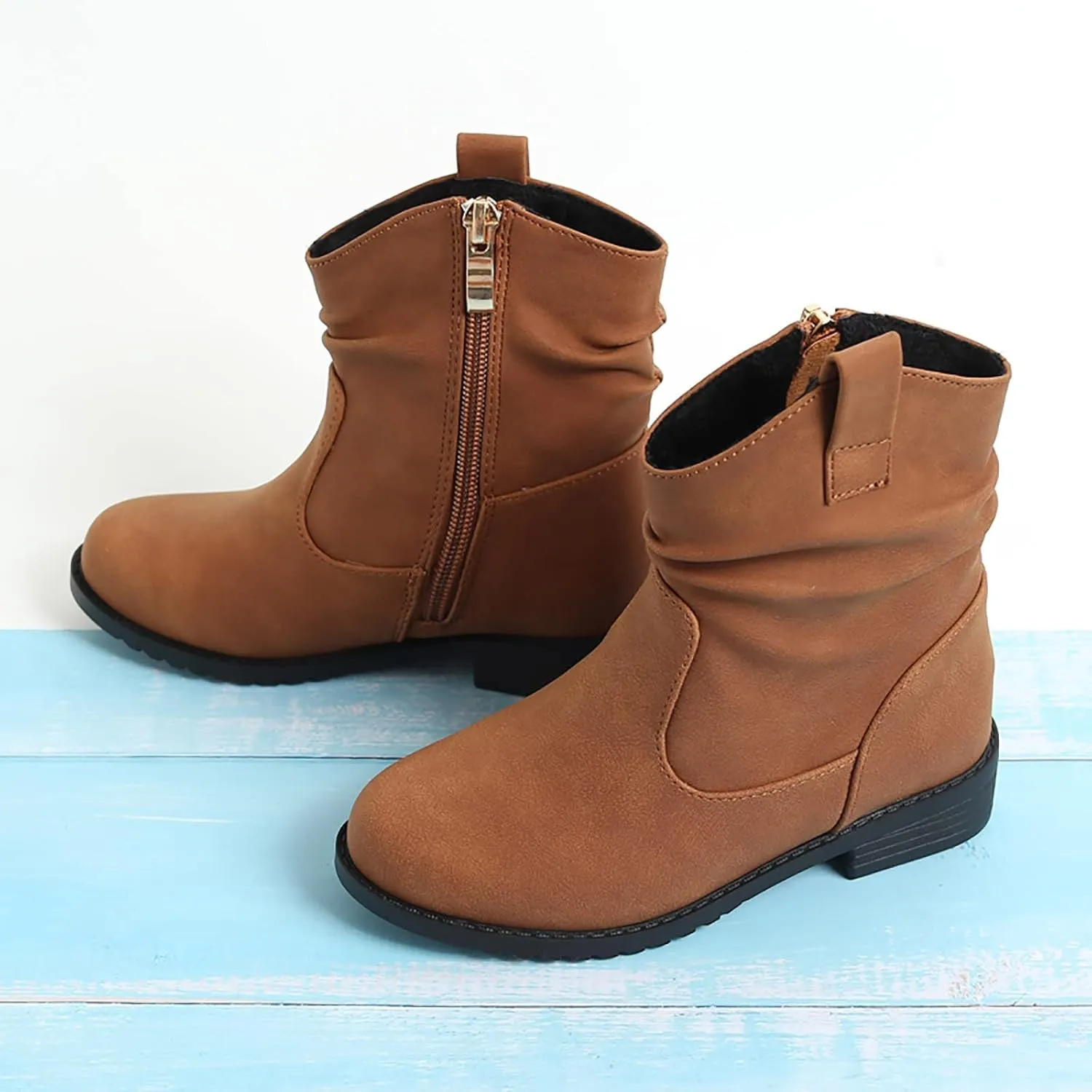 Girls Zip Side Slouchy Boots Western Boots Kids Ankle Boots Girls Low Heel Riding Booties With Zipper Girl Boots Size 4