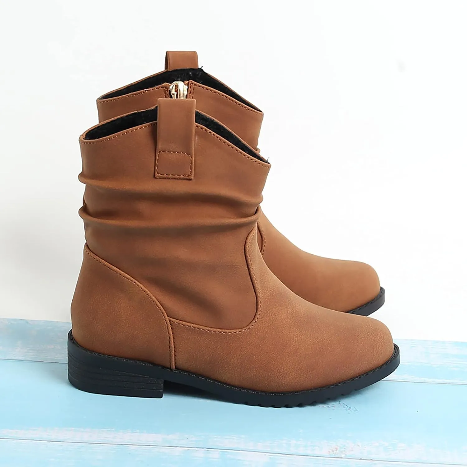 Girls Zip Side Slouchy Boots Western Boots Kids Ankle Boots Girls Low Heel Riding Booties With Zipper Girl Boots Size 4