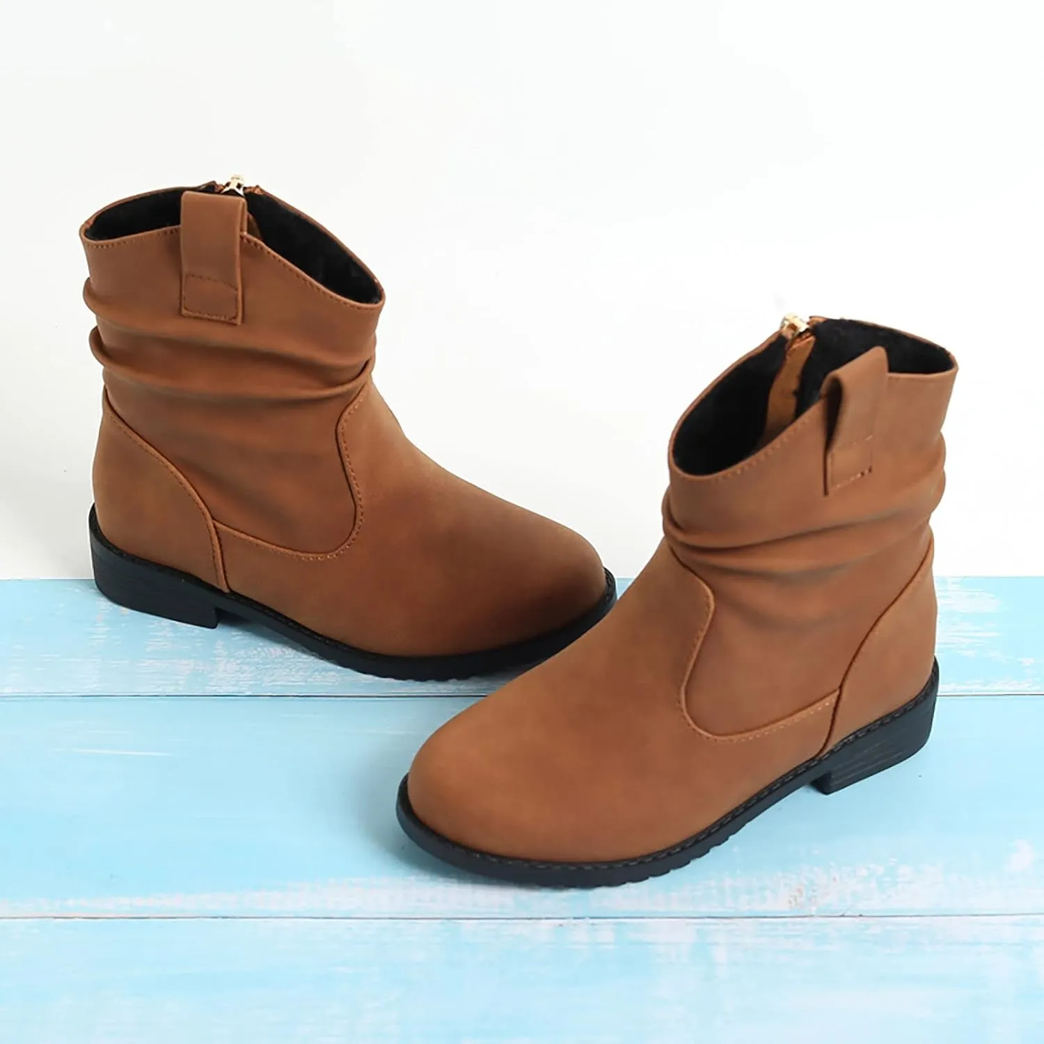 Girls Zip Side Slouchy Boots Western Boots Kids Ankle Boots Girls Low Heel Riding Booties With Zipper Girl Boots Size 4