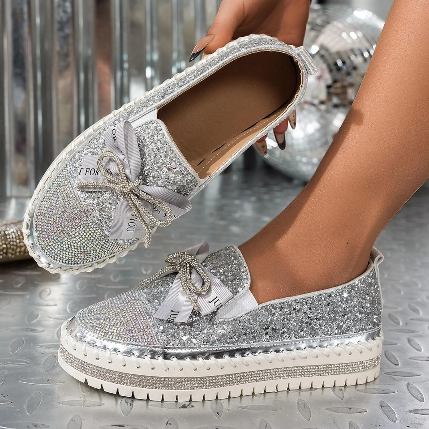Glitter Women Slip On Sneakers Platform Sneakers Casual Rhinestones Sneakers Sparkle Sneakers Sequin Tennis Shoes
