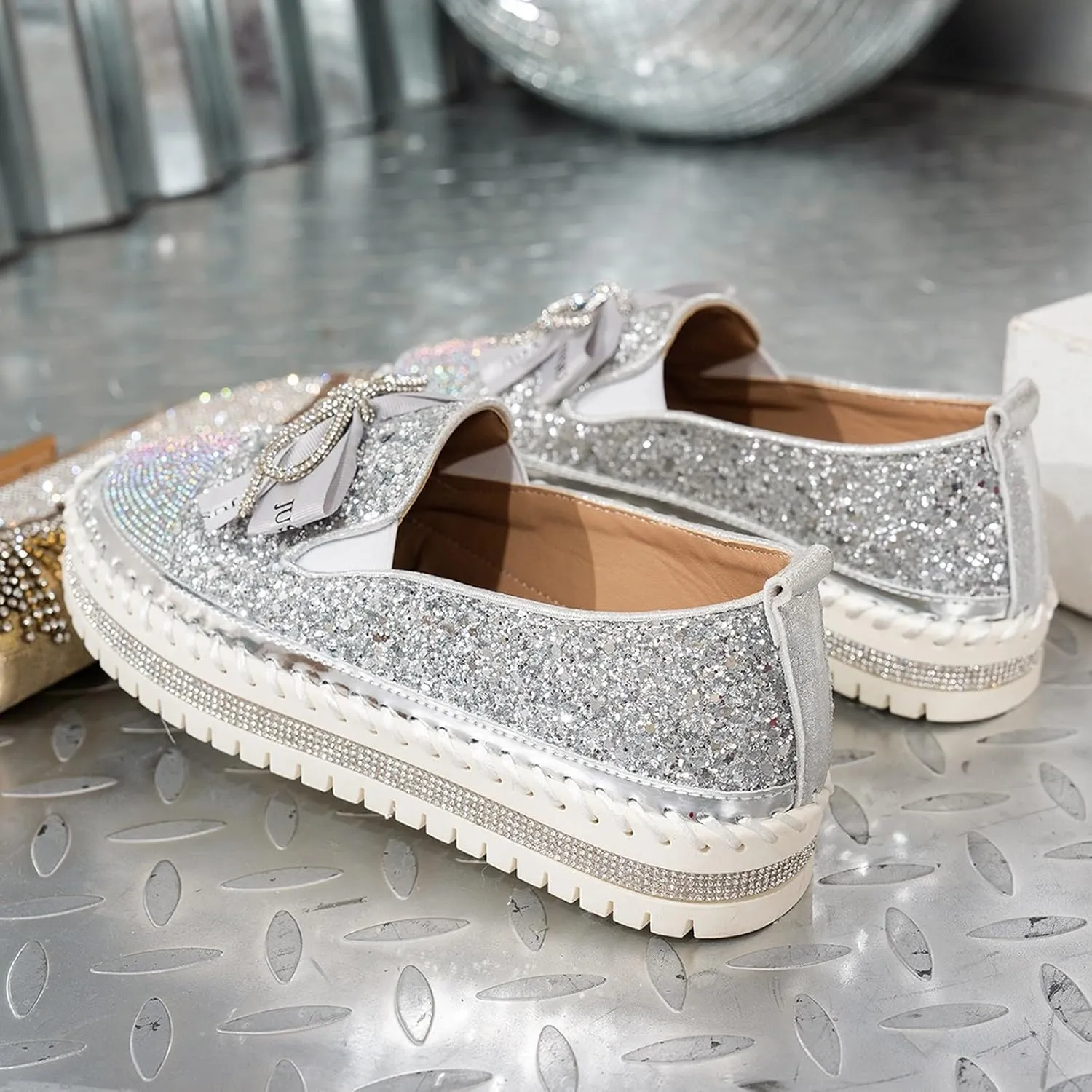Glitter Women Slip On Sneakers Platform Sneakers Casual Rhinestones Sneakers Sparkle Sneakers Sequin Tennis Shoes