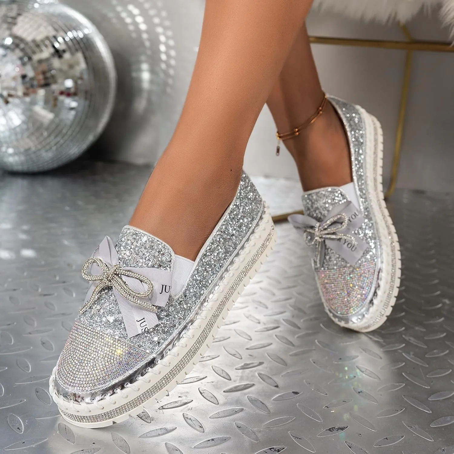 Glitter Women Slip On Sneakers Platform Sneakers Casual Rhinestones Sneakers Sparkle Sneakers Sequin Tennis Shoes