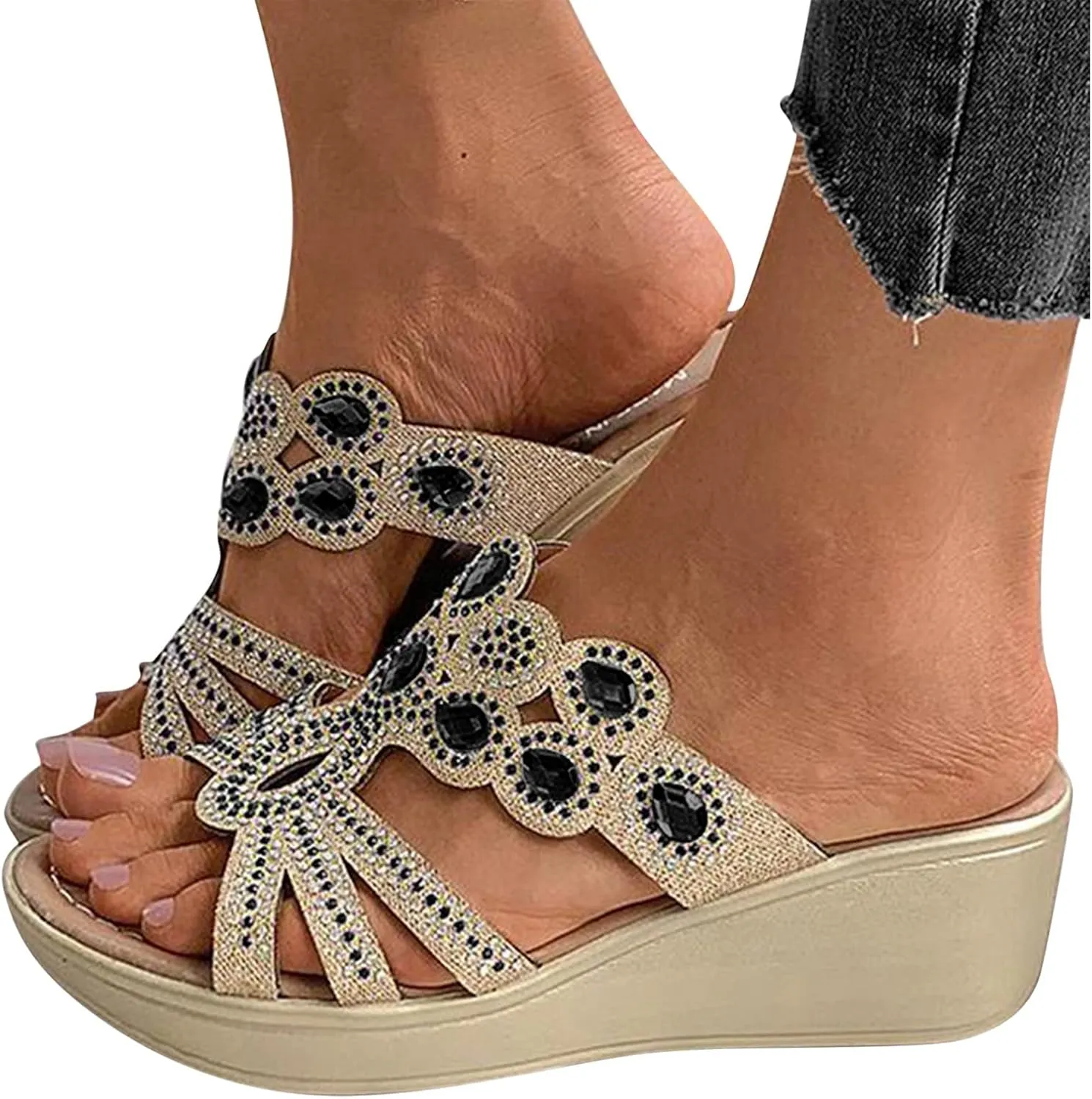 Heeled Sandals with Ankle Straps Wide Feet Bling Sandal for Women Rhinestones Strappy Shoes for Woman Dressy Summer Hiking Shoe Womans