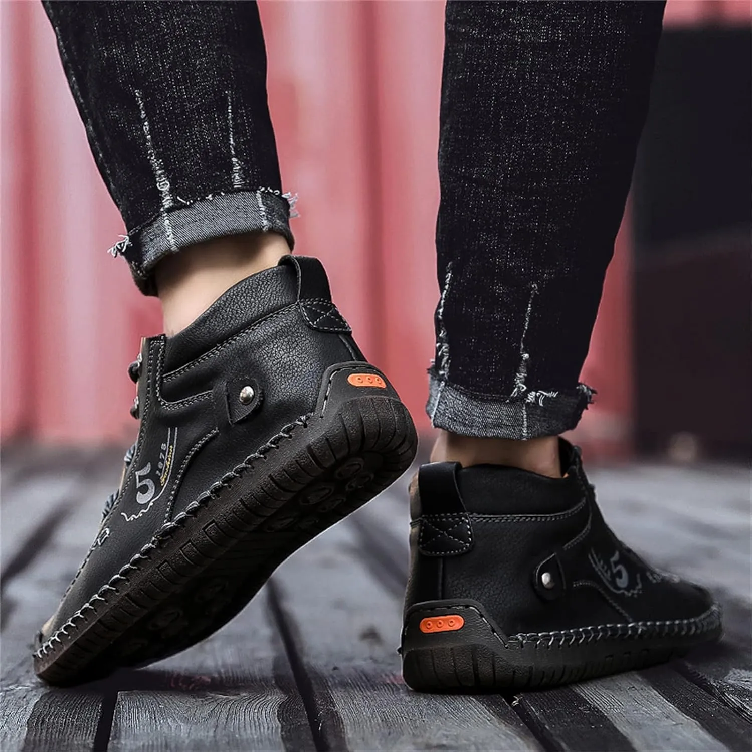 Hiking Casual Boots for Men Fashion High-Top Leather Motorcycle Shoes Lace up Slip on Loafers Mid Top Walking Sneakers